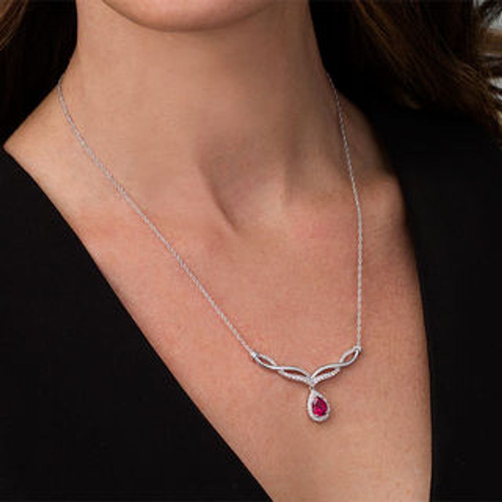 Pear-Shaped Lab-Created Ruby and White Sapphire Braided Chevron Necklace in Sterling Silver|Peoples Jewellers