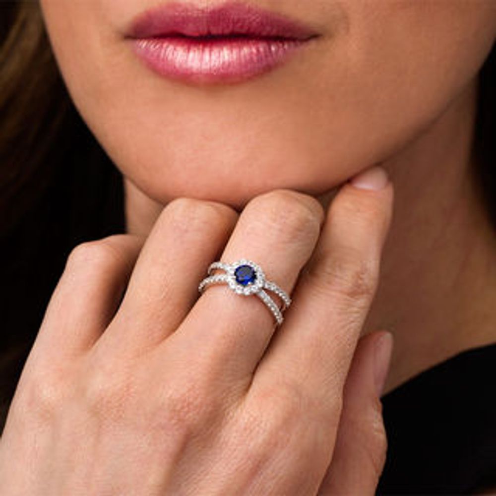 5.0mm Lab-Created Blue and White Sapphire Frame Orbit Ring in Sterling Silver|Peoples Jewellers