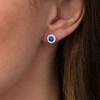 4.3mm Lab-Created Blue Sapphire and 0.23 CT. T.W. Diamond Frame Stud Earrings in Sterling Silver|Peoples Jewellers