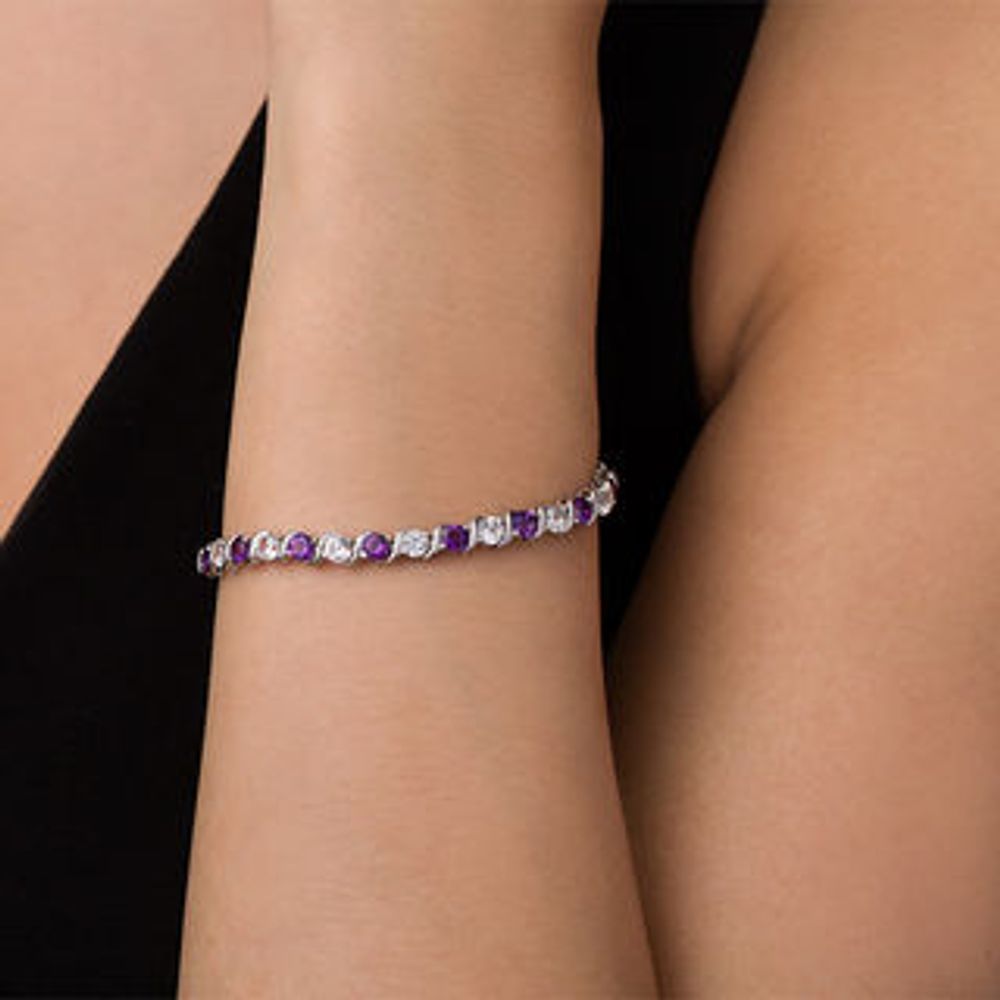 4.0mm Amethyst and Lab-Created White Sapphire Alternating Line Bracelet in Sterling Silver - 7.25"|Peoples Jewellers