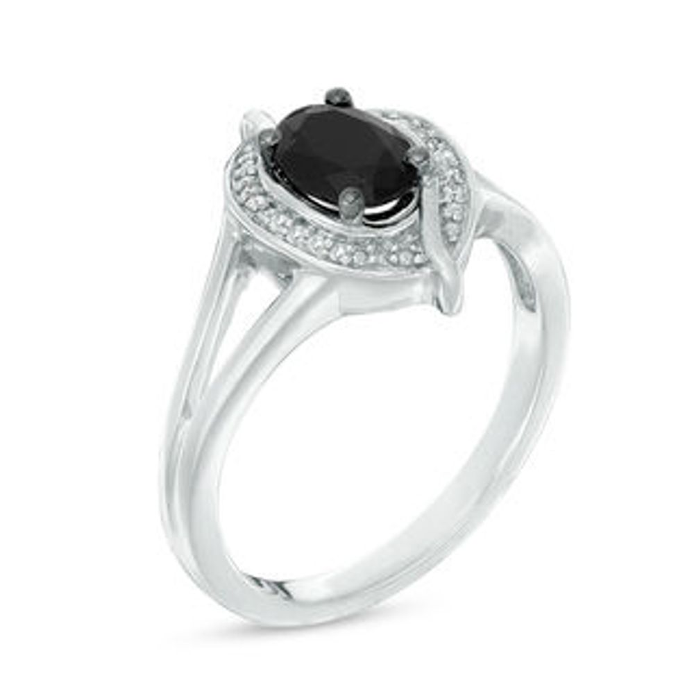 Oval Lab-Created Black Sapphire and 0.04 CT. T.W. Diamond Bead Bypass Swirl Frame Ring in Sterling Silver|Peoples Jewellers