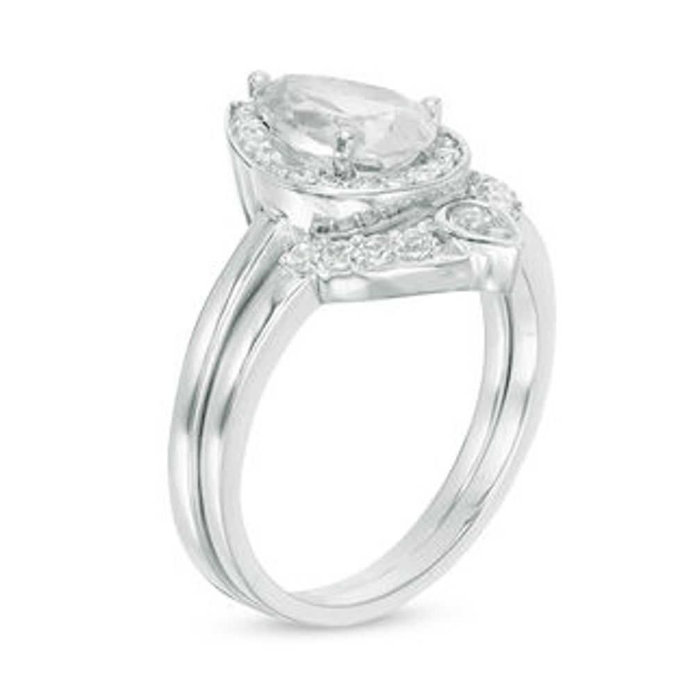 Pear-Shaped Lab-Created White Sapphire and 0.116 CT. T.W. Diamond Frame Bridal Set in Sterling Silver|Peoples Jewellers