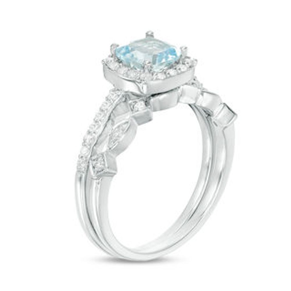 6.0mm Cushion-Cut Aquamarine and 0.22 CT. T.W. Diamond Frame Art Deco Bridal Set in 10K White Gold|Peoples Jewellers