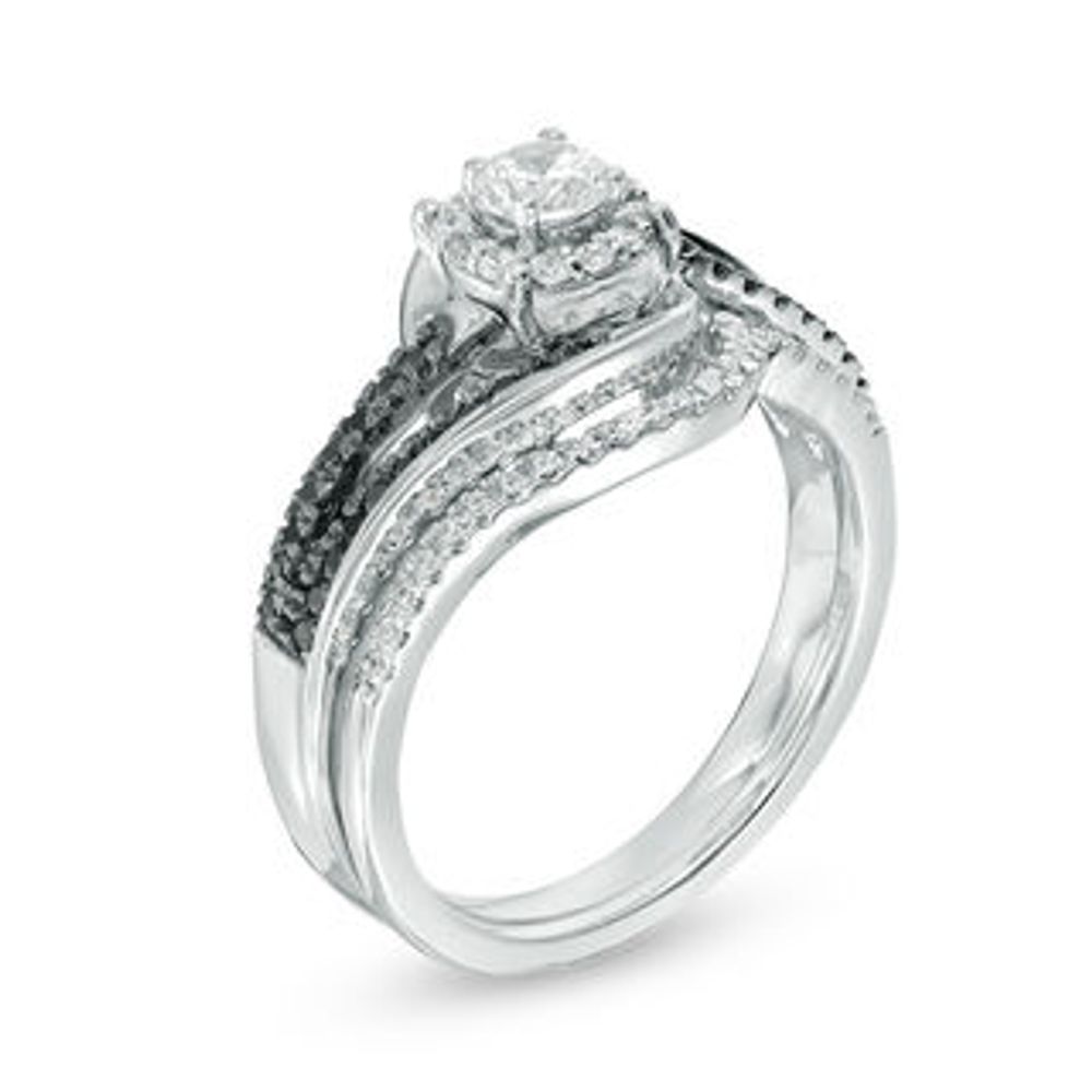 0.45 CT. T.W. Enhanced Black and White Diamond Frame Bypass Swirl Bridal Set in 10K White Gold|Peoples Jewellers
