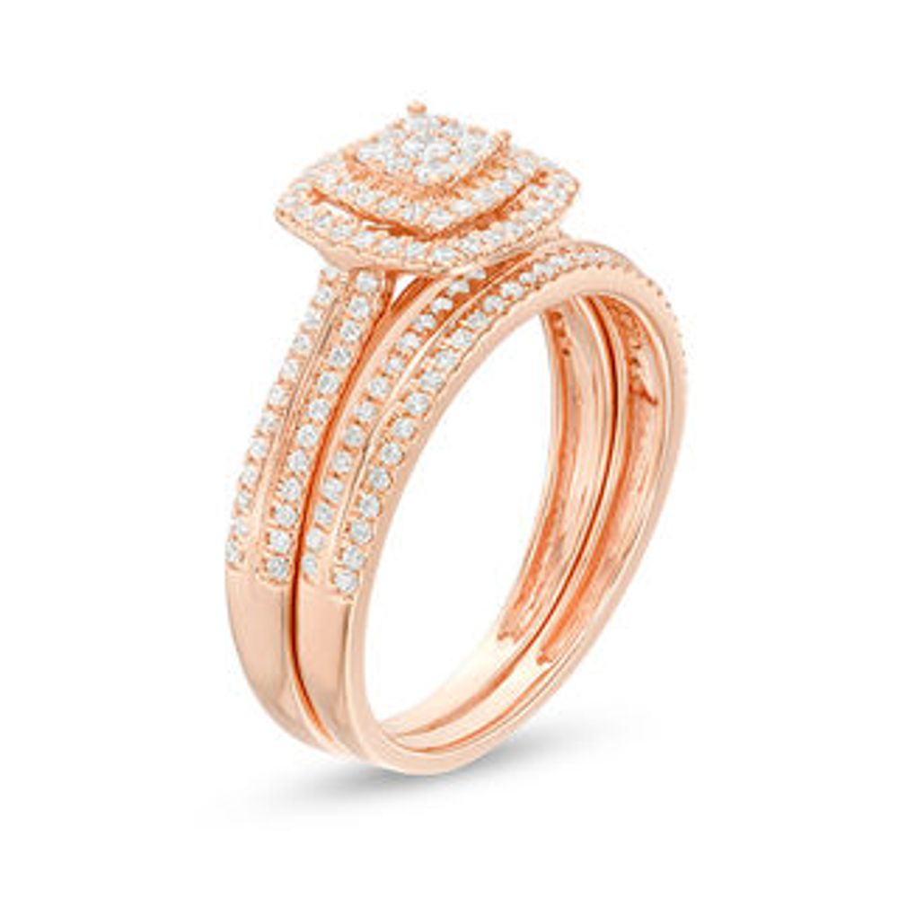 1.45 CT. T.W. Composite Diamond Cushion Frame Multi-Row Three Piece Bridal  Set in 10K Rose Gold