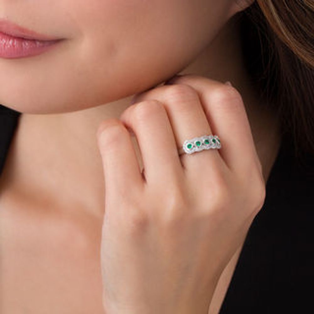 Lab-Created Emerald and White Sapphire Frame Five Stone Ring in Sterling Silver|Peoples Jewellers