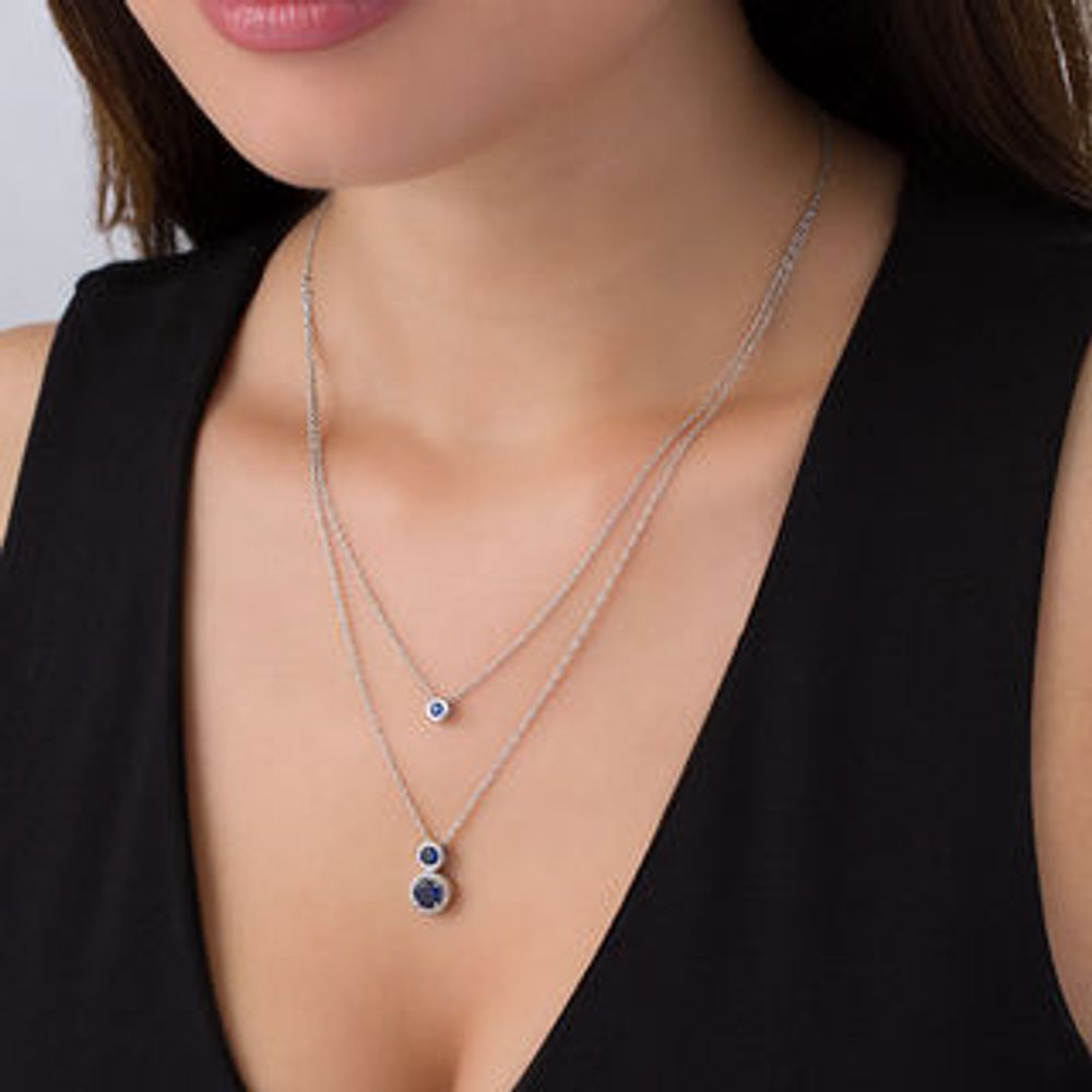 Lab-Created Blue and White Sapphire Frame Double Strand Necklace in Sterling Silver - 20"|Peoples Jewellers