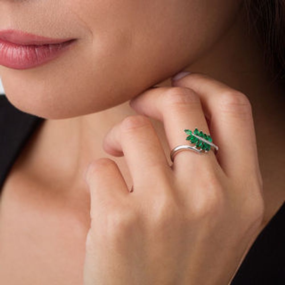 Marquise Lab-Created Emerald and Diamond Accent Bypass Leaf Ring in Sterling Silver|Peoples Jewellers