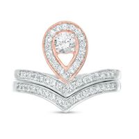 4.0mm Lab-Created White Sapphire Pear-Shaped Frame Chevron Bridal Set in Sterling Silver and 10K Rose Gold|Peoples Jewellers