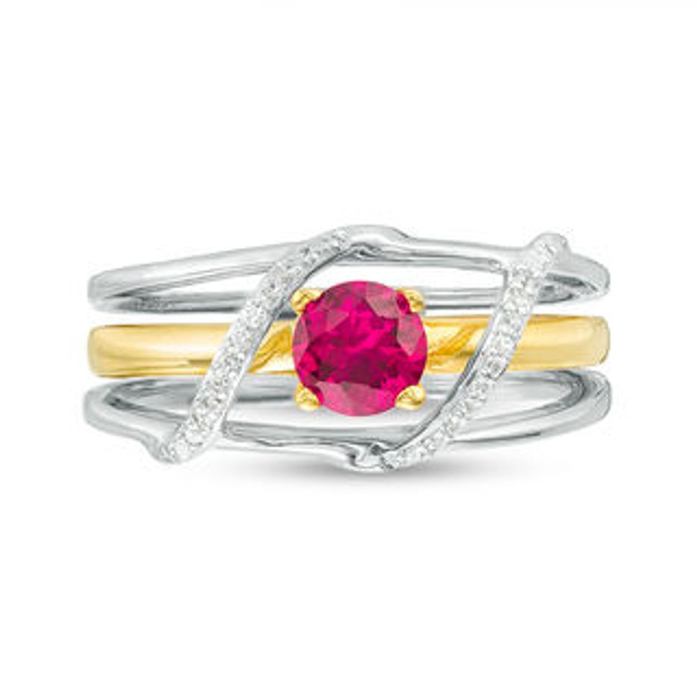 5.0mm Lab-Created Ruby and 0.04 CT. T.W. Diamond Bypass Three-in-One Ring in Sterling Silver and 10K Gold|Peoples Jewellers