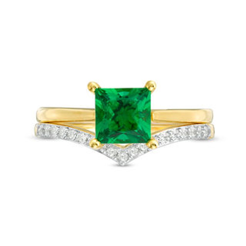 6.0mm Princess-Cut Lab-Created Emerald and 0.065 CT. T.W. Diamond Chevron Bridal Set in 10K Gold|Peoples Jewellers