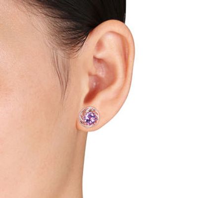 8.0mm Amethyst and White Topaz Swirl Frame Stud Earrings in Sterling Silver with Rose Rhodium|Peoples Jewellers