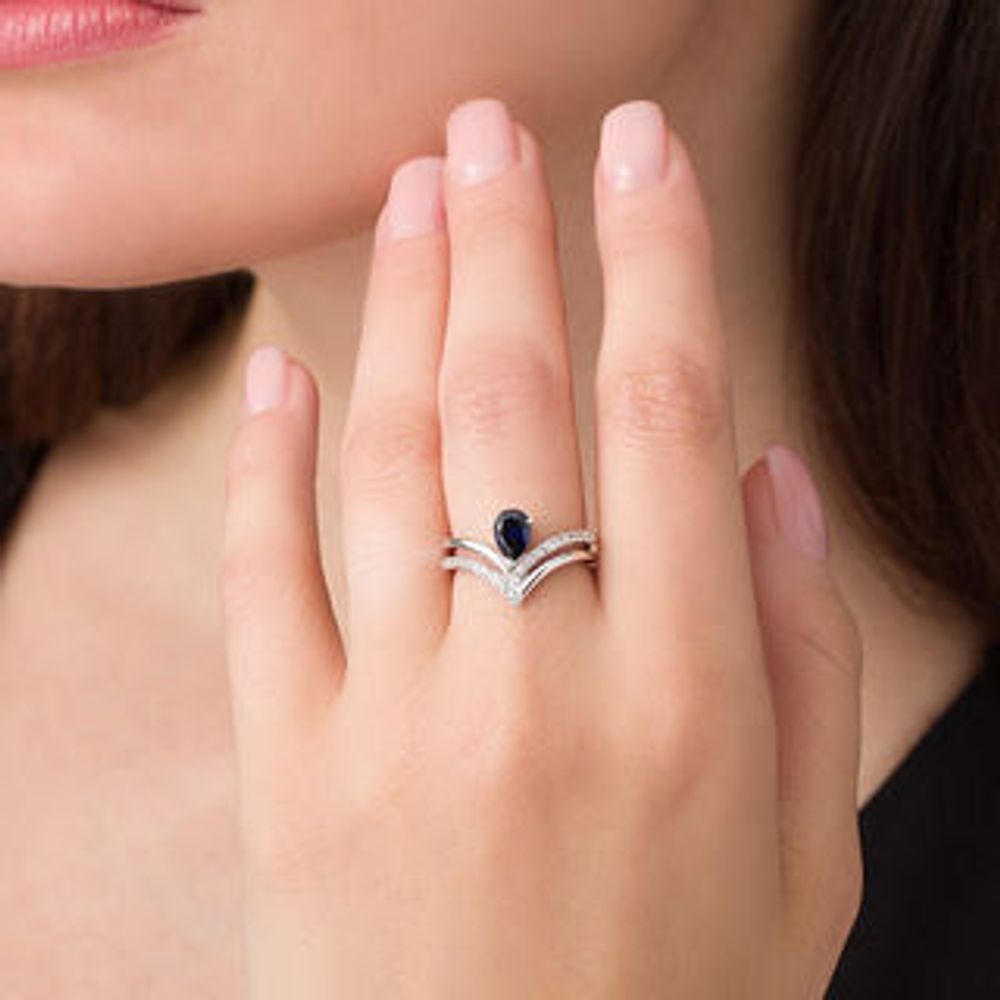 Pear-Shaped Lab-Created Blue and White Sapphire Double Row Chevron Ring in Sterling Silver|Peoples Jewellers