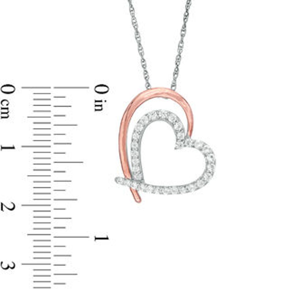 Lab-Created White Sapphire Tilted Double Heart Outline Pendant in Sterling Silver and 10K Rose Gold|Peoples Jewellers