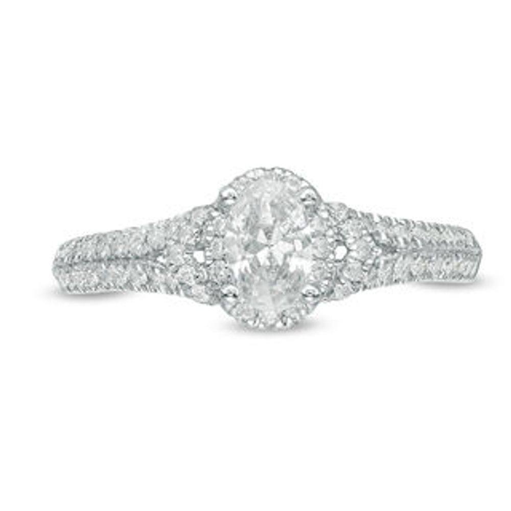 1.00 CT. T.W. Certified Oval Diamond Frame Engagement Ring in 14K White Gold (I/SI2)|Peoples Jewellers