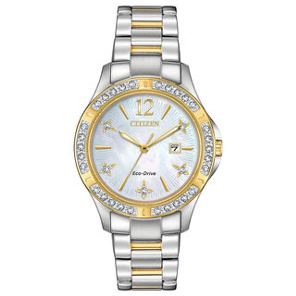 Ladies' Citizen Eco-Drive® Elektra Diamond Accent Two-Tone Watch with Mother-of-Pearl Dial (Model: EW2514-59D)|Peoples Jewellers
