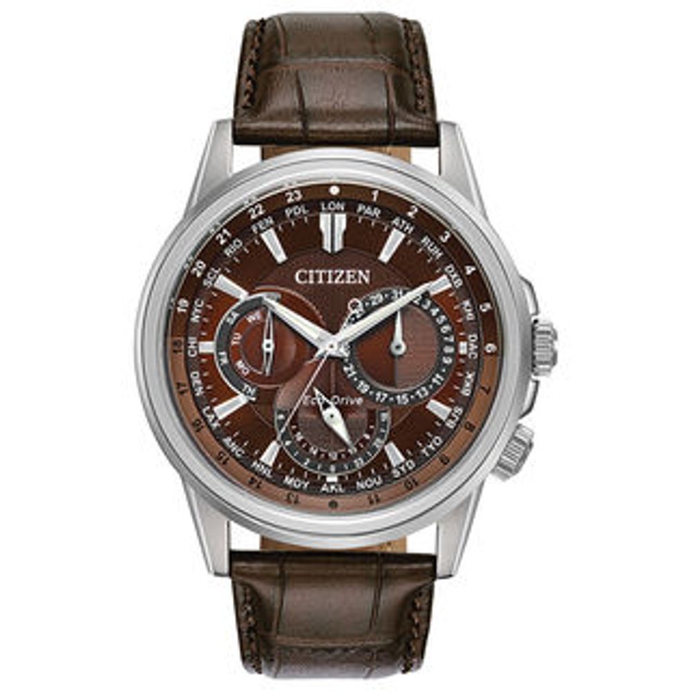 Men's Citizen Eco-Drive® Calendrier Chronograph Strap Watch with Brown Dial (Model: BU2020-29X)|Peoples Jewellers