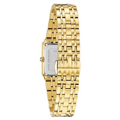Ladies' Bulova Modern Diamond Accent Gold-Tone Watch with Rectangular Black Dial (Model: 97P135)|Peoples Jewellers