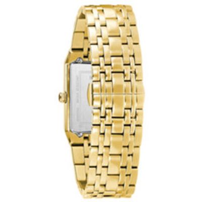 Men's Bulova Modern Diamond Accent Gold-Tone Watch with Rectangular Black Dial (Model: 97D118)|Peoples Jewellers