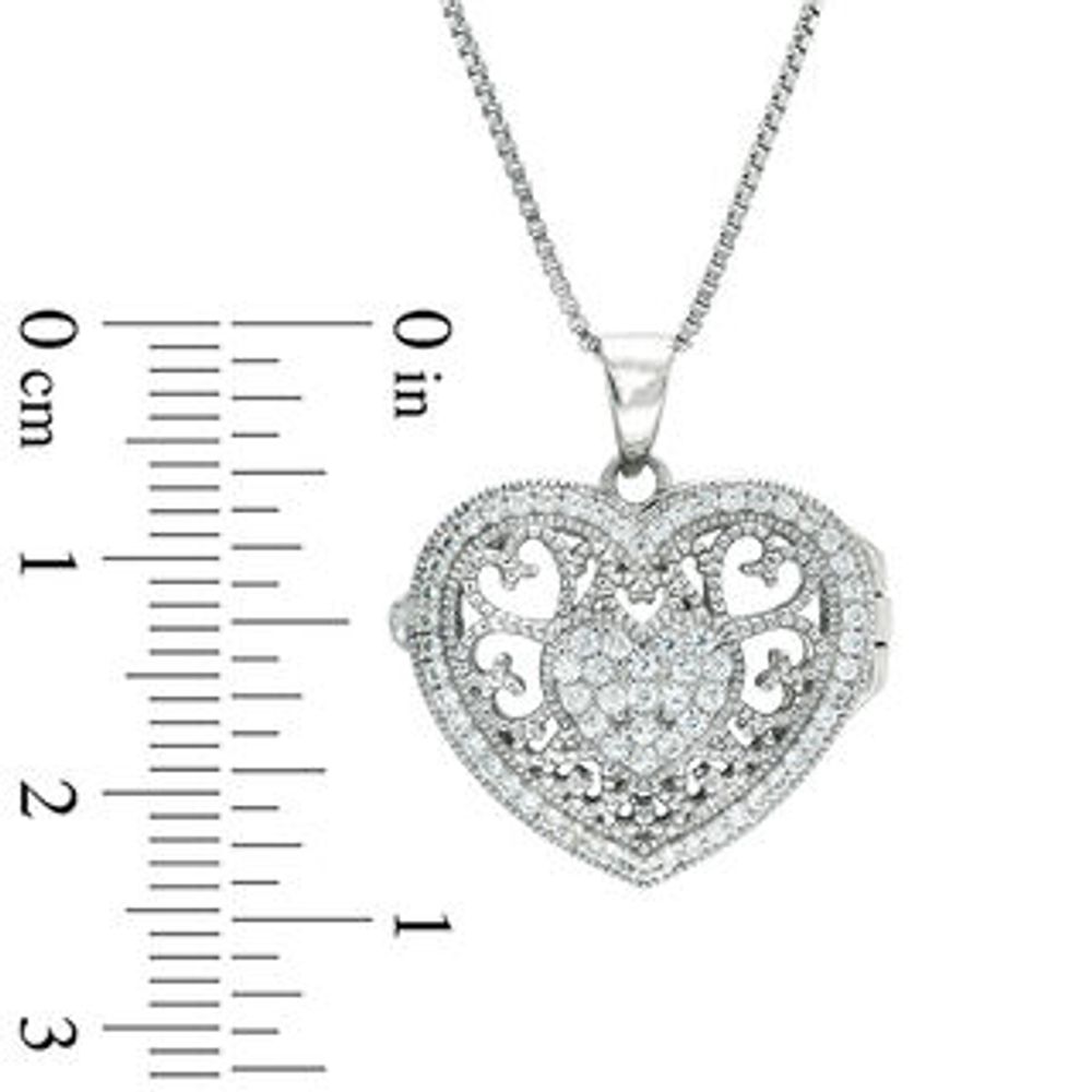 Lab-Created White Sapphire Cluster Vintage-Style Heart Locket in Sterling Silver|Peoples Jewellers