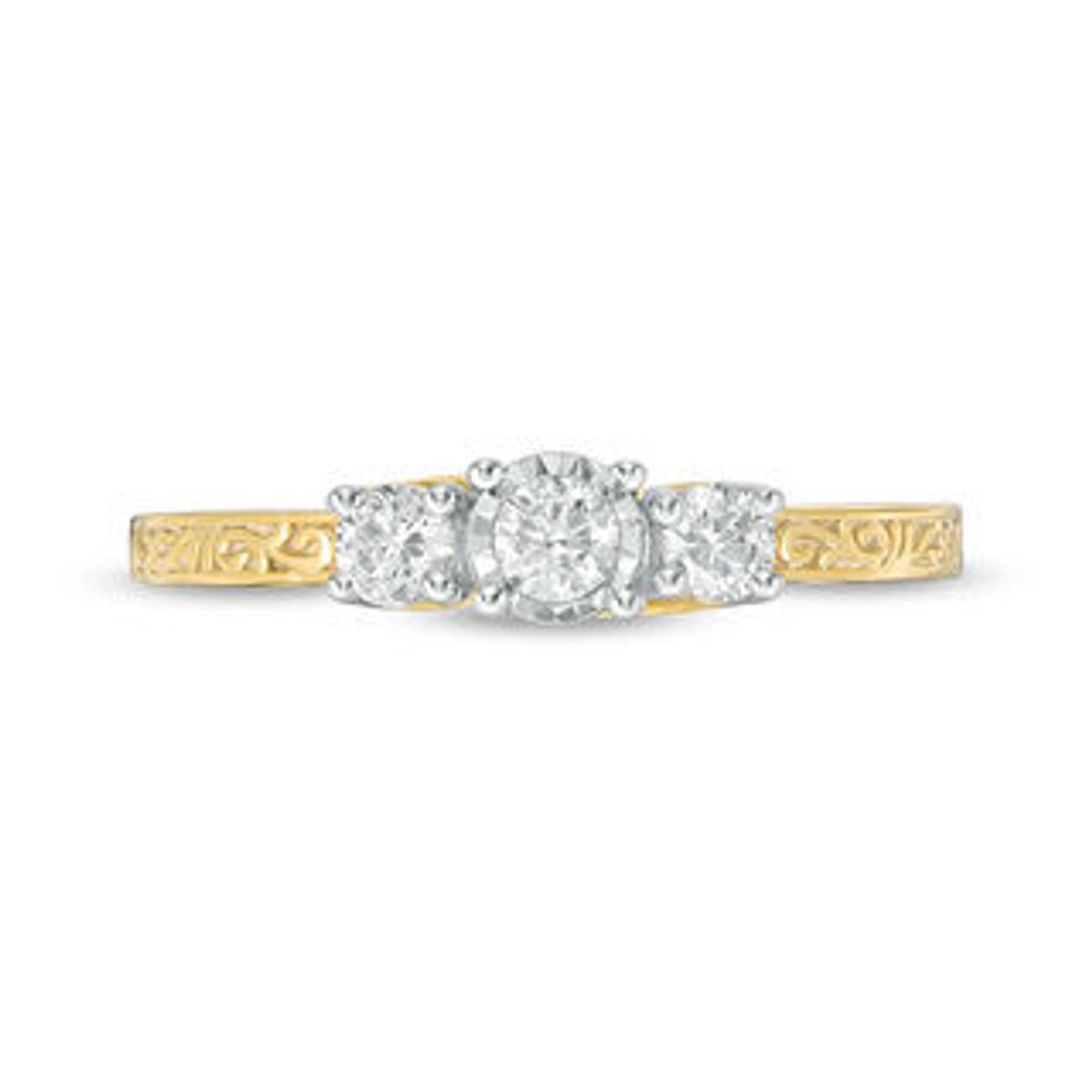CT. T.W. Diamond Three Stone Filigree Scroll Engagement Ring in 10K Gold|Peoples Jewellers