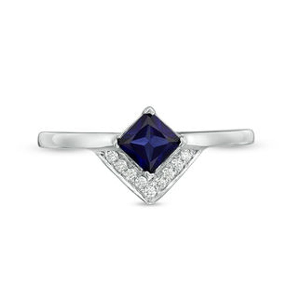 5.0mm Princess-Cut Lab-Created Blue Sapphire and 0.041 CT. T.W. Diamond Chevron Ring in Sterling Silver|Peoples Jewellers