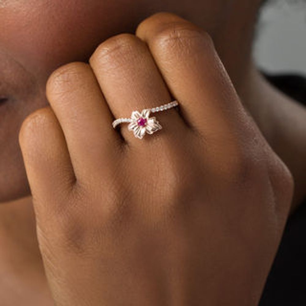 Peoples 100-Year Anniversary Ruby and 0.145 CT. T.W. Diamond Maple Leaf Ring in 14K Rose Gold|Peoples Jewellers