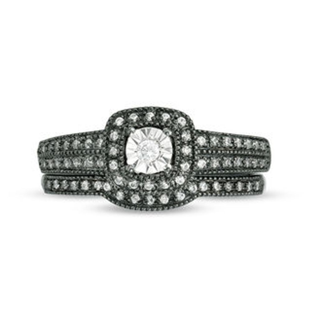 0.22 CT. T.W. Diamond Cushion Frame Vintage-Style Bridal Set in 10K White Gold with Black Rhodium|Peoples Jewellers