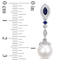 Freshwater Cultured Pearl, Lab-Created Blue Sapphire and 0.18 CT. T.W. Diamond Drop Earrings in 10K White Gold|Peoples Jewellers