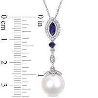 Freshwater Cultured Pearl, Lab-Created Blue Sapphire and 0.14 CT. T.W. Diamond Drop Pendant in 10K White Gold-17"|Peoples Jewellers