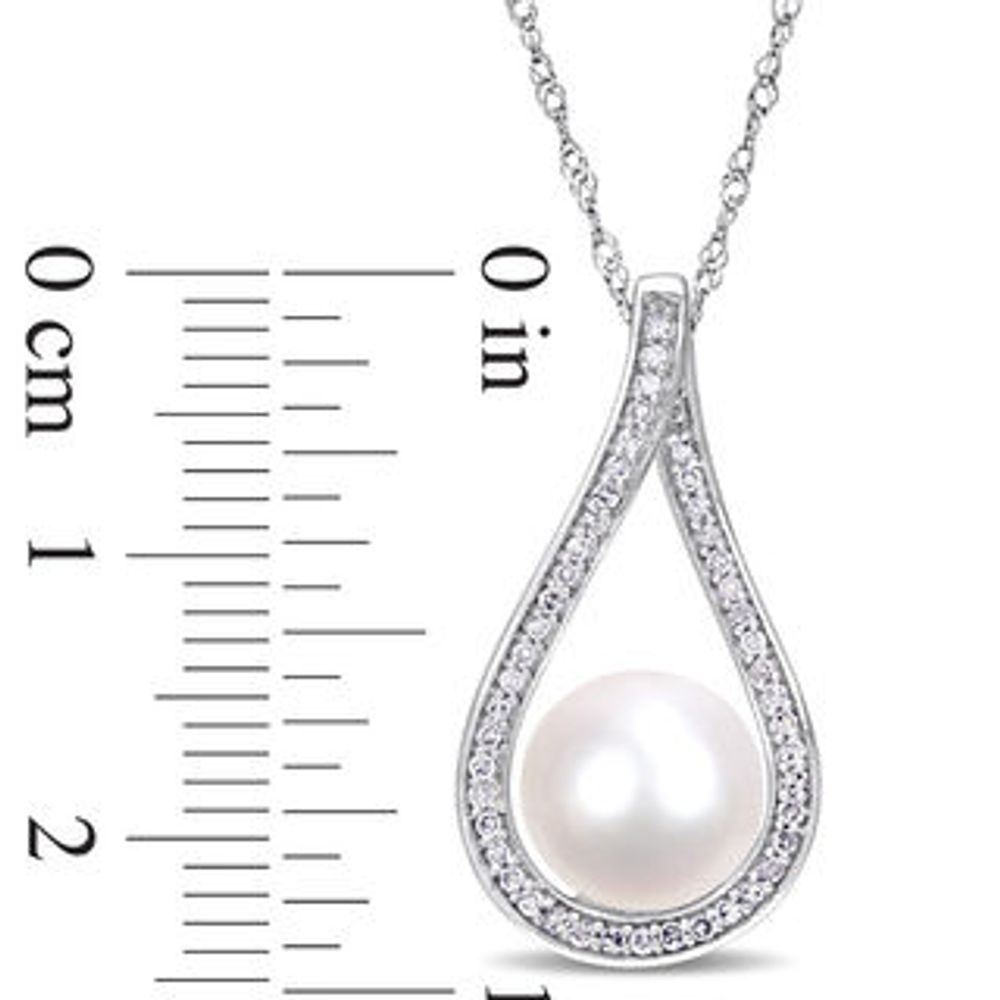 9.0-9.5mm Freshwater Cultured Pearl and 0.18 CT. T.W. Diamond Open Teardrop Frame Pendant in 14K White Gold-17"|Peoples Jewellers