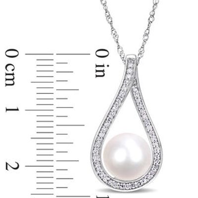 9.0 - 9.5mm Cultured Freshwater Pearl and 0.18 CT. T.W. Diamond Open Teardrop Frame Pendant in 14K White Gold - 17"|Peoples Jewellers