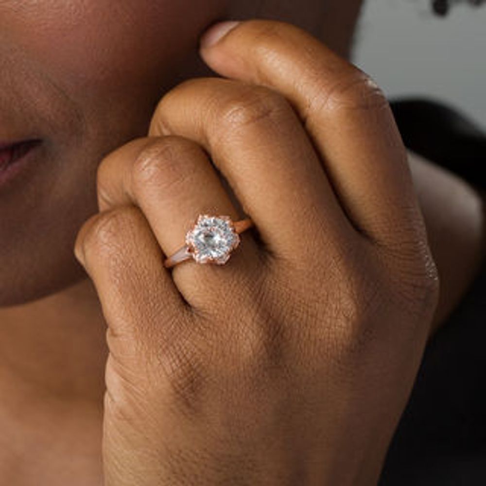 8.0mm Lab-Created White Sapphire Flower Frame Ring in Sterling Silver with 18K Rose Gold Plate - Size 7|Peoples Jewellers