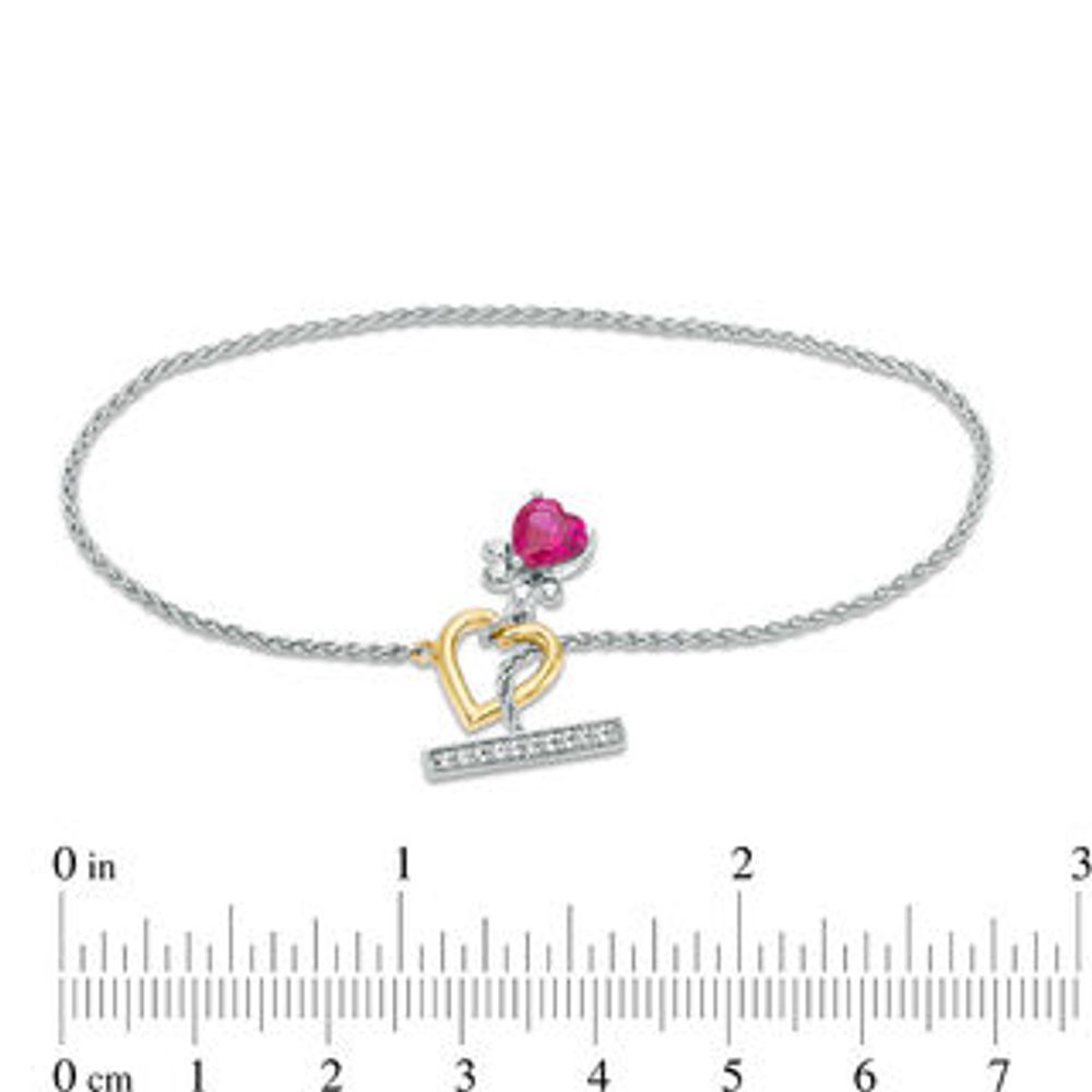 6.0mm Heart-Shaped Lab-Created Ruby and White Sapphire Paw Print Toggle Bracelet in Sterling Silver and 10K Gold - 7.25"|Peoples Jewellers