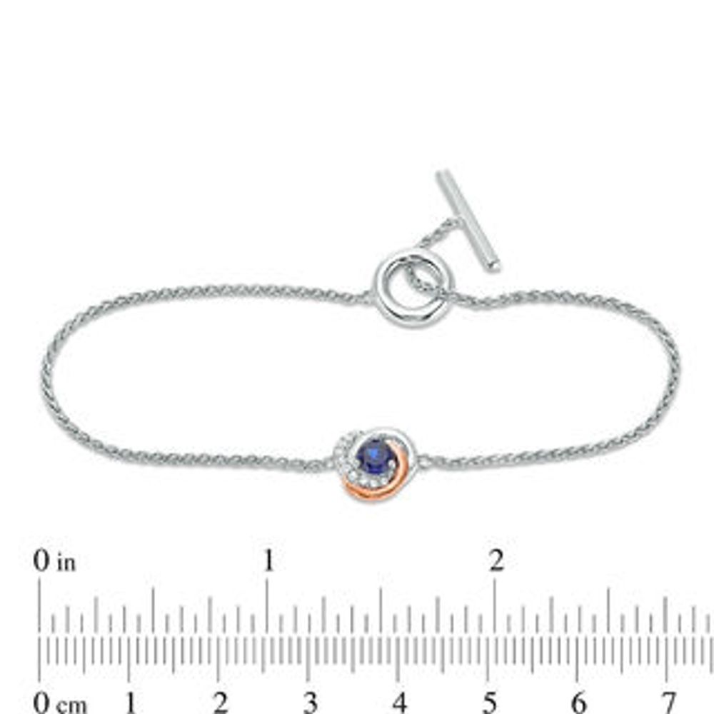 4.0mm Lab-Created Blue and White Sapphire Love Knot Toggle Bracelet in Sterling Silver and 10K Rose Gold - 7.25"|Peoples Jewellers