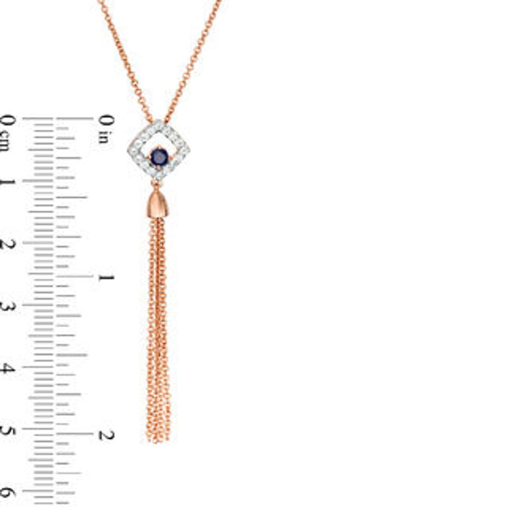 Lab-Created Blue and White Sapphire Cushion Frame Tassel Dangle Pendant in Sterling Silver with 14K Rose Gold Plate|Peoples Jewellers