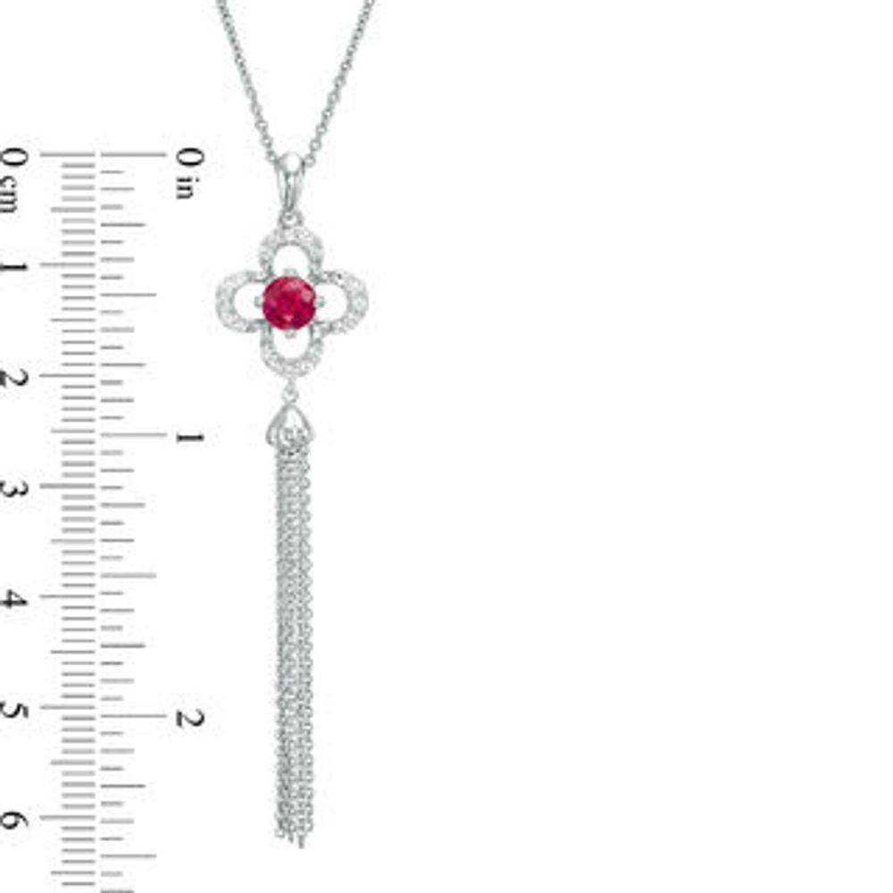 5.0mm Lab-Created Ruby and White Sapphire Clover Frame Tassel Dangle Pendant in Sterling Silver|Peoples Jewellers