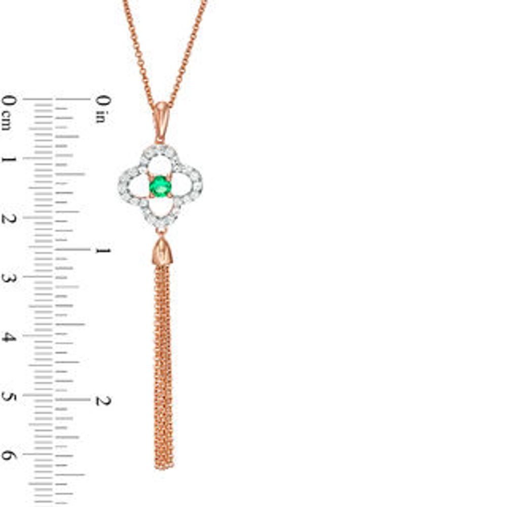 Lab-Created Emerald and White Sapphire Clover Frame Tassel Dangle Pendant in Sterling Silver with 14K Rose Gold Plate|Peoples Jewellers