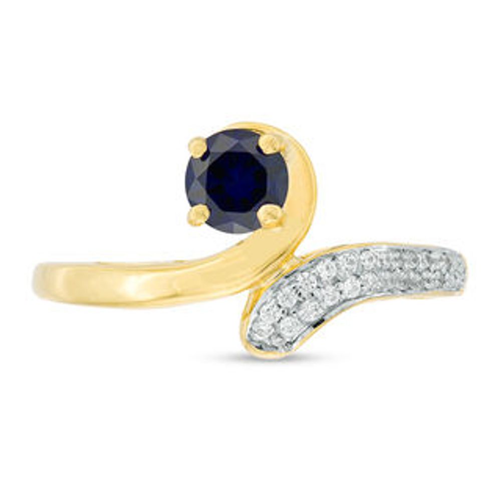 5.0mm Lab-Created Blue Sapphire and 0.089 CT. T.W. Diamond Bypass Ring in Sterling Silver with 14K Gold Plate|Peoples Jewellers