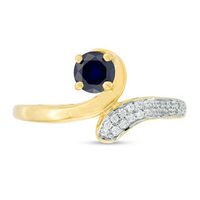 5.0mm Lab-Created Blue Sapphire and 0.089 CT. T.W. Diamond Bypass Ring in Sterling Silver with 14K Gold Plate|Peoples Jewellers