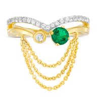 Lab-Created Emerald and White Sapphire Chevron Open Split Shank Chain Dangle Ring in Sterling Silver with 14K Gold Plate|Peoples Jewellers