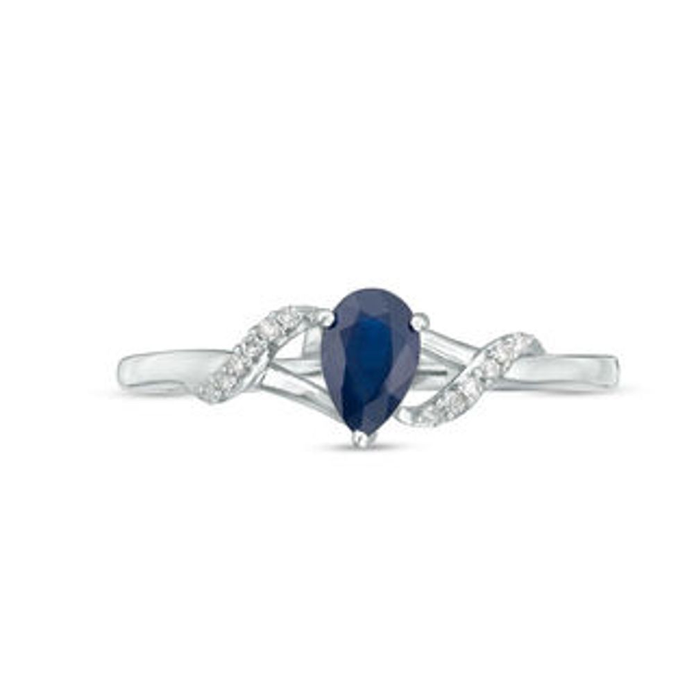 Pear-Shaped Blue Sapphire and Diamond Accent Split Shank Ring in 10K White Gold|Peoples Jewellers