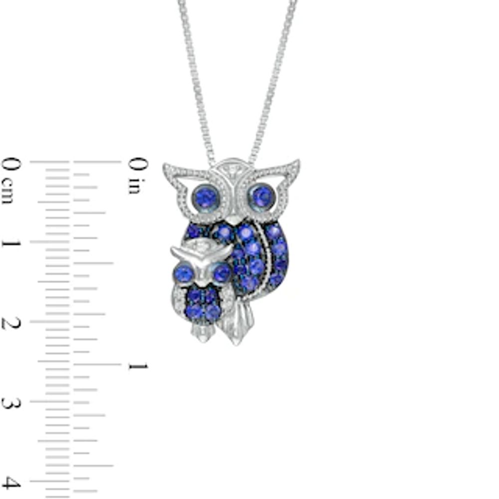 Lab-Created Blue and White Sapphire Beaded Motherly Love Owl Pendant in Sterling Silver|Peoples Jewellers
