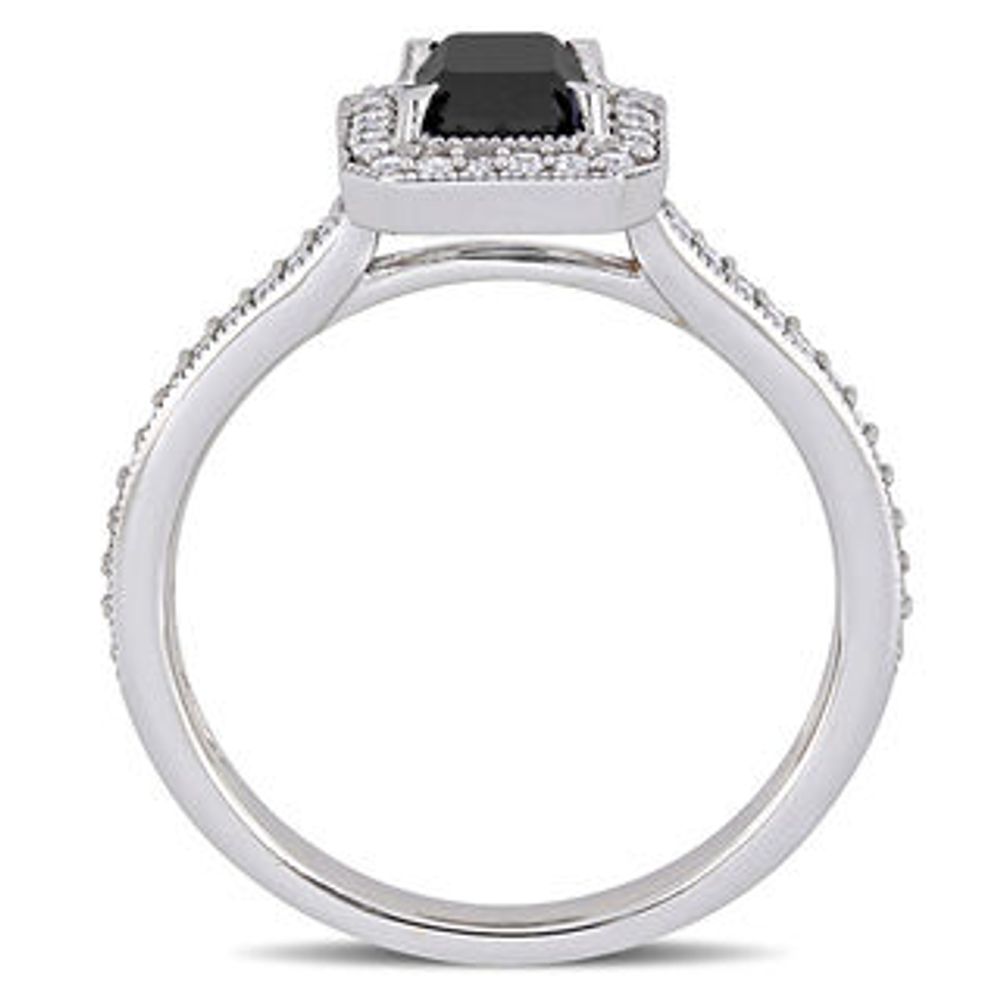 1.23 CT. T.W. Emerald-Cut Enhanced Black and White Diamond Frame Vintage-Style Engagement Ring in 10K White Gold|Peoples Jewellers