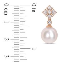 9.5-10.0mm Freshwater Cultured Pearl and 0.21 CT. T.W. Diamond Vintage-Style Drop Earrings in 10K Rose Gold|Peoples Jewellers