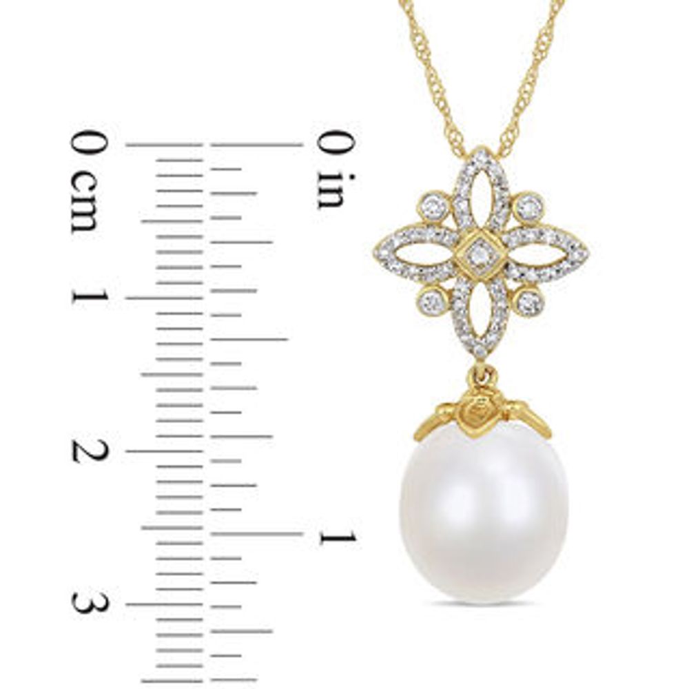 11.0-12.0mm Oval South Sea Cultured Pearl and 0.26 CT. T.W. Diamond Ornate Flower Pendant in 14K Gold-17"|Peoples Jewellers
