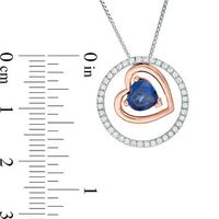 Lab-Created Blue and White Sapphire Tilted Heart in Circle Three-in-One Pendant in Sterling Silver and 10K Rose Gold|Peoples Jewellers