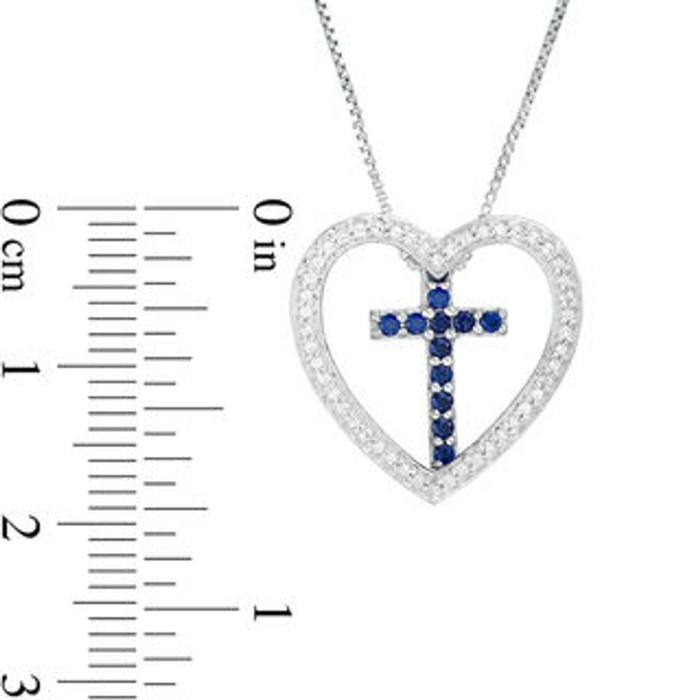 Lab-Created Blue and White Sapphire Heart Outline with Cross Three-in-One Pendant in Sterling Silver|Peoples Jewellers