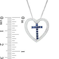 Lab-Created Blue and White Sapphire Heart Outline with Cross Three-in-One Pendant in Sterling Silver|Peoples Jewellers