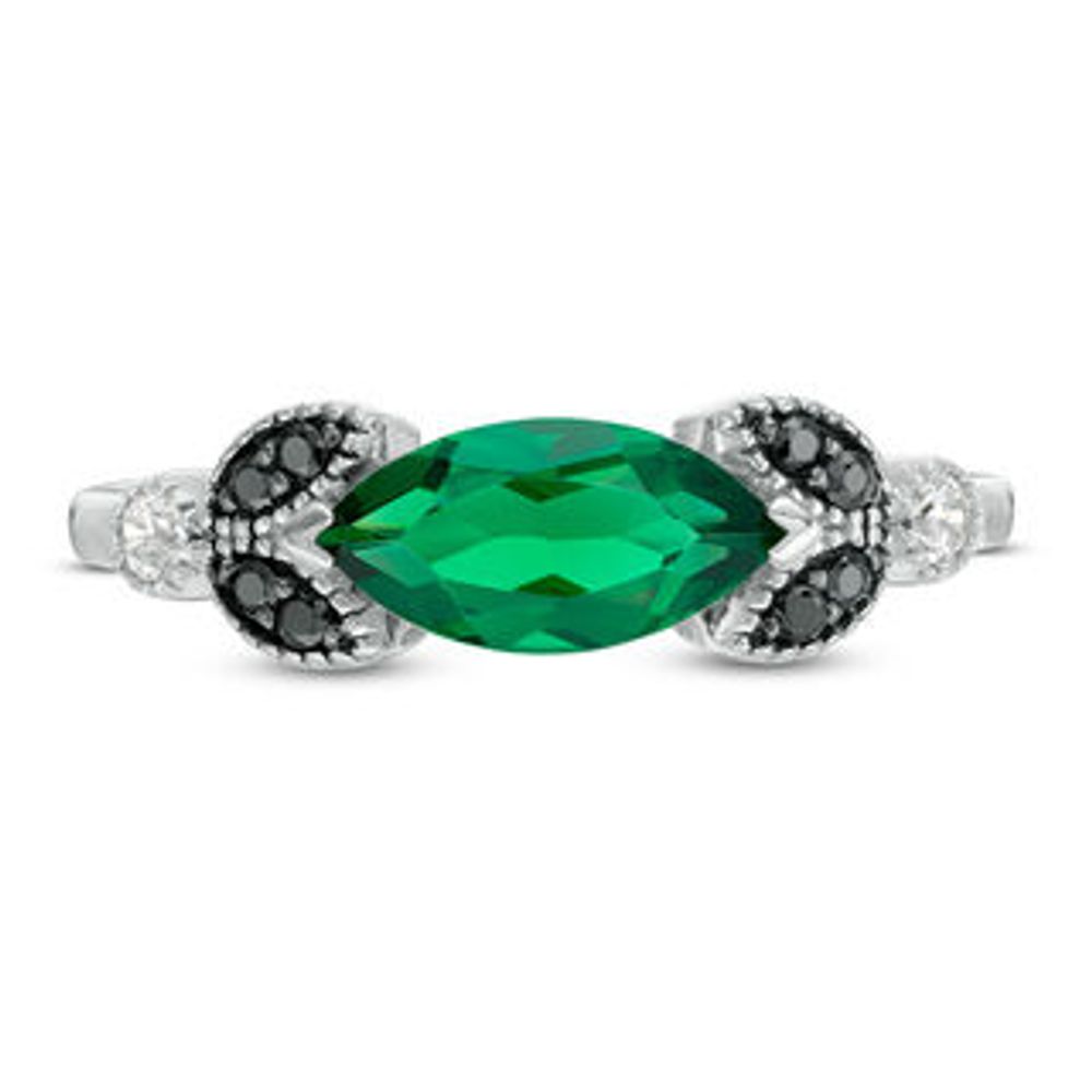 Sideways Marquise Lab-Created Emerald and 0.085 CT. T.W. Enhanced Black and White Diamond Leaves Ring in 10K White Gold|Peoples Jewellers